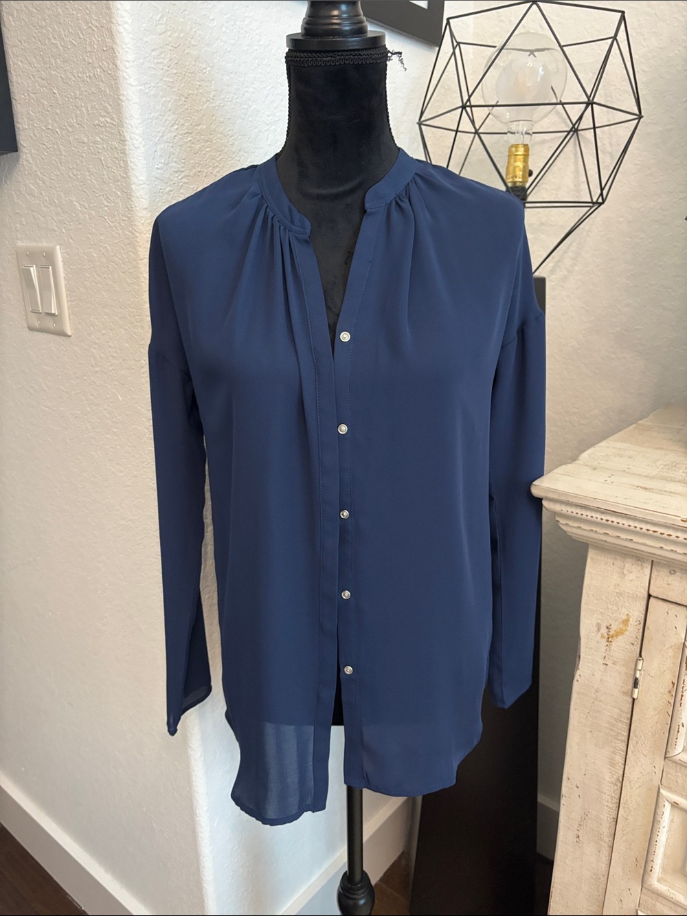 Neiman Marcus Navy Hidden Snap-Front Long Sleeve Blouse